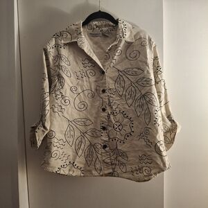 Allyson Whitmore Cream Button Down Shirt with Black Leaf Print